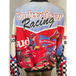 Vintage 90s Budweiser Racing Jacket Formula 1 Uno F1 Chalk Line Satin Bomber